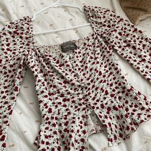 Reformation Red Floral White Button Up Top